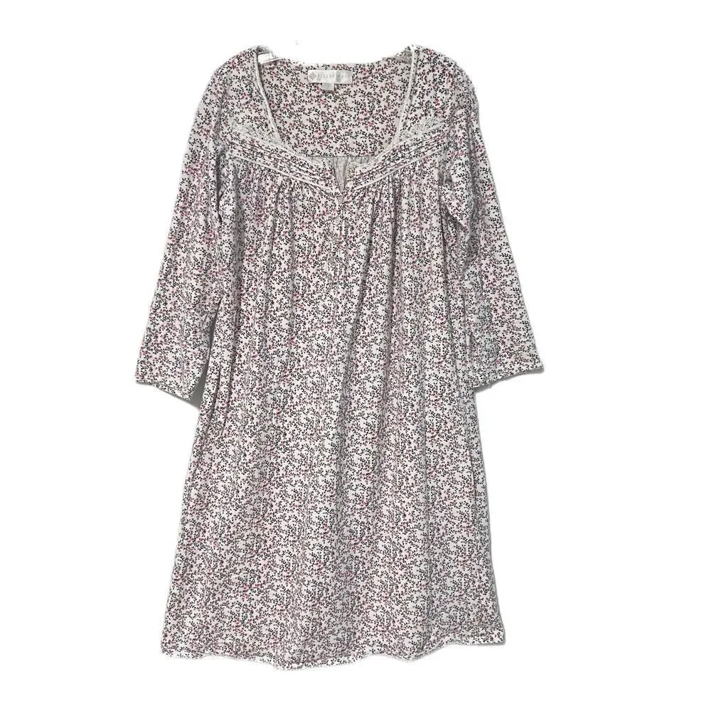Eileen West Nightgown Small 100% Cotton Flannel Floral Pink Cottagecore Lace